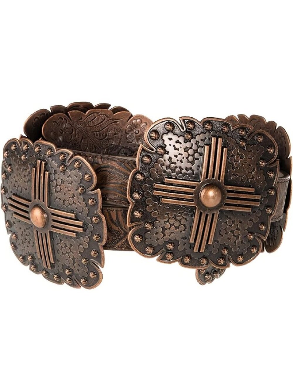 Floral Embossed Leather Belt for Women, Western Conchos & Removable Buckle